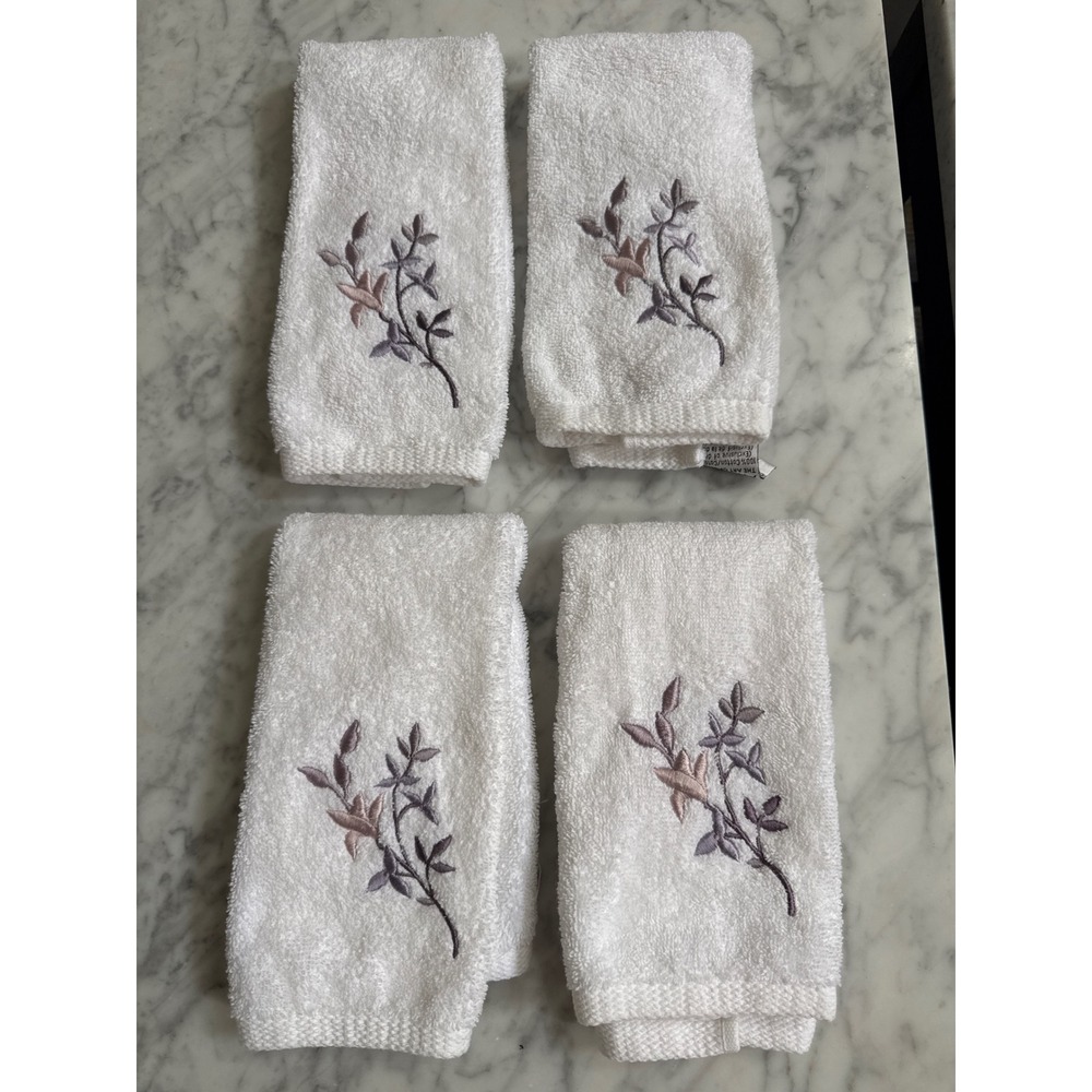 Avanti Linens White Cotton Hand Towels Set of 4 Embroidered Purple Floral Sprig